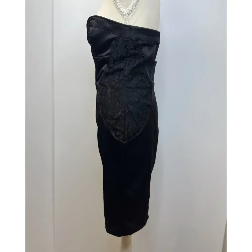 bebe Strapless Black Satin Lace Sheath Dress Women’s Medium Bodycon Bombshell - Picture 11 of 16
